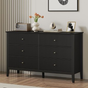 Heynemo 6 Drawer Dresser, Fluted Modern Wood Dresser with Ball Bearing Slide, Ideal for Bedroom TV Stand Storage Cabinet, Set of 1, Black - 1 of 4