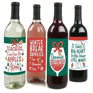 Big Dot of Happiness Teacher Holiday Presents - Teacher Appreciation Christmas Gifts Decor for Women and Men - Wine Bottle Label Stickers - Set of 4 - 1 of 4