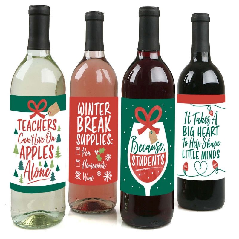 Big Dot of Happiness Teacher Holiday Presents - Teacher Appreciation Christmas Gifts Decor for Women and Men - Wine Bottle Label Stickers - Set of 4, 1 of 9