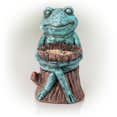 16" Frog Holding a Flower Magnesium Oxide Bird Feeder/Birdbath Statue Green - Alpine Corporation: Outdoor Animal Sculpture - image 1 of 4