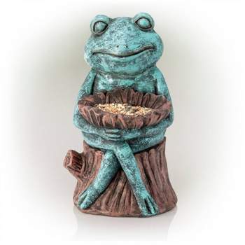 16" Frog Holding a Flower Magnesium Oxide Bird Feeder/Birdbath Statue Green - Alpine Corporation