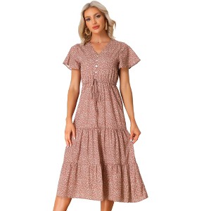 Allegra K Women's Summer Boho Casual Short Sleeve V Neck Tiered Floral Midi Dresses - 1 of 4