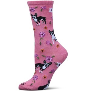 Memoi French Bulldog and Roses Bamboo Blend Crew Novelty Socks - 1 of 4