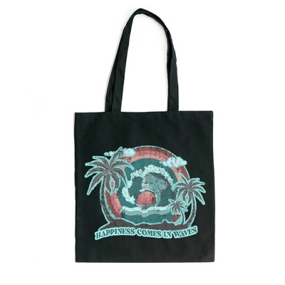 City Creek Prints Happiness Comes In Waves Vintage Canvas Tote Bag - 15x16 - Black