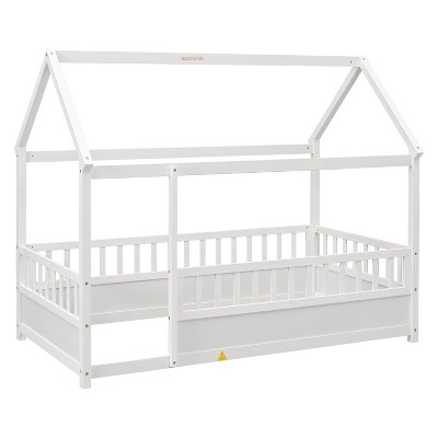 Bellemave Twin Size Floor Wooden Bed with House Roof Frame, Fence Guardrails,White