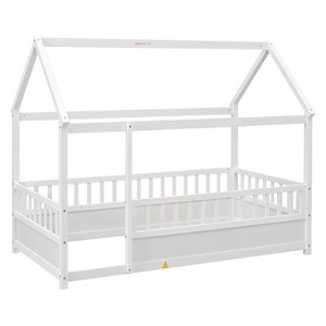 Bellemave Twin Size Floor Wooden Bed with House Roof Frame, Fence Guardrails,White - 1 of 3