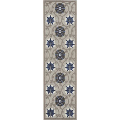Blue/Grey Floral Flat Woven Synthetic Outdoor Rug, 2'3" x 8'