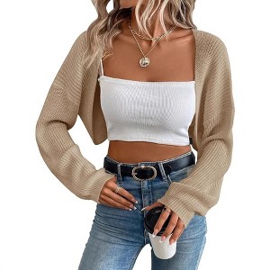 Women Open Front Ribbed Knit Crop Bolero Drop Shoulder Long Sleeve Loose Fit Knitted Crop Cardigan Shrug - 1 of 3