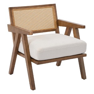 Mid Century Modern Accent Chair, Comfy Living Room Chairs with Sturdy Wood Legs, Rattan Backrest & Beige Thick Linen Cushion - 1 of 4