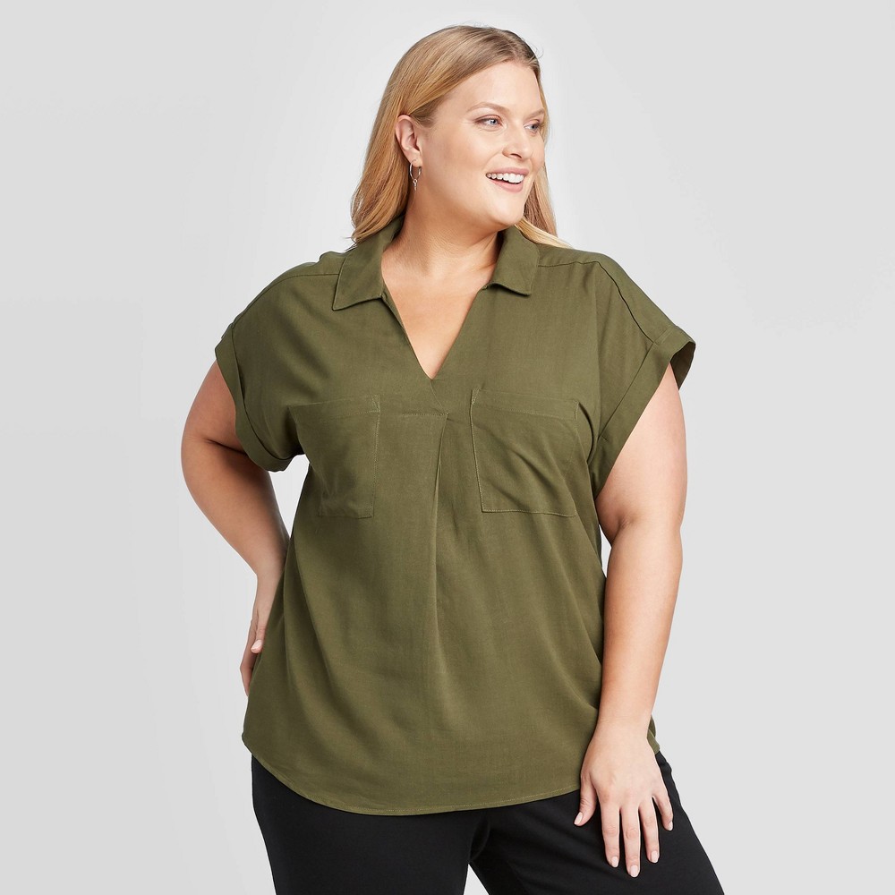 Women's Plus Size Short Sleeve Collared Knit Woven Blouse - Ava & Viv Olive 4X, Women's, Size: 4XL, Green was $22.99 now $16.09 (30.0% off)