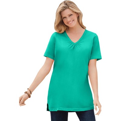 Woman Within Plus Size Perfect Short-Sleeve Shirred V-Neck Tunic