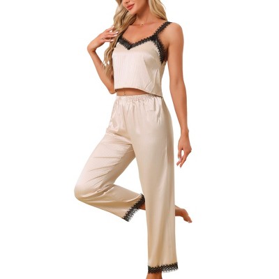 cheibear Women's Satin Lace Trim Cami with Long Pant 2 Pieces Pajama Set