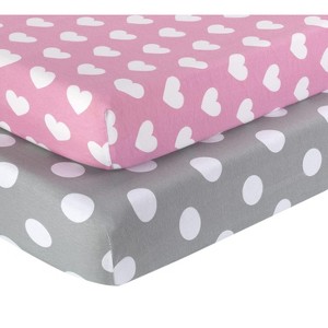 Everyday Kids 2-Pack Jersey Knit Crib Sheets – Pink & Purple Hearts and Dots – 100% Cotton Baby Girl Sheets for Standard Crib Mattress - 1 of 4