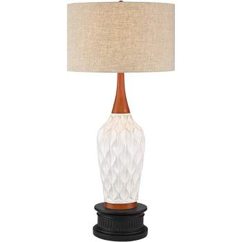360 Lighting Rocco Modern Mid Century Table Lamp with Black Round Riser 34 1/4" Tall White Ceramic Tan Fabric Drum Shade for Bedroom Living Room Kids