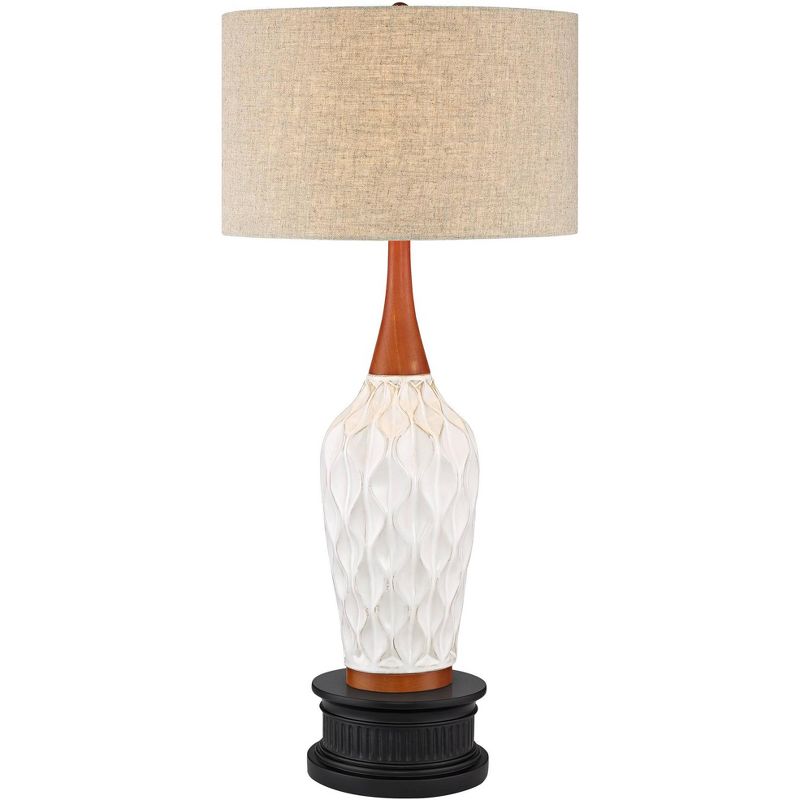 360 Lighting Rocco Modern Mid Century Table Lamp with Black Round Riser 34 1/4" Tall White Ceramic Tan Fabric Drum Shade for Bedroom Living Room Kids, 1 of 6