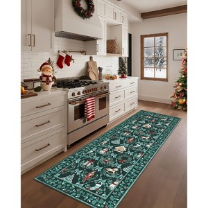 2.5'x10' Green Christmas Area Rug, Vintage Holiday Rug with
