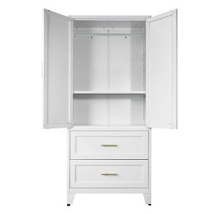 AENKYO 60 Tall Storage Wardrobe Cabinet with Drawer & Hanging Rod, 2-Door Storage Closet with Adjustable Shelf - White Wardrobe - 1 of 4