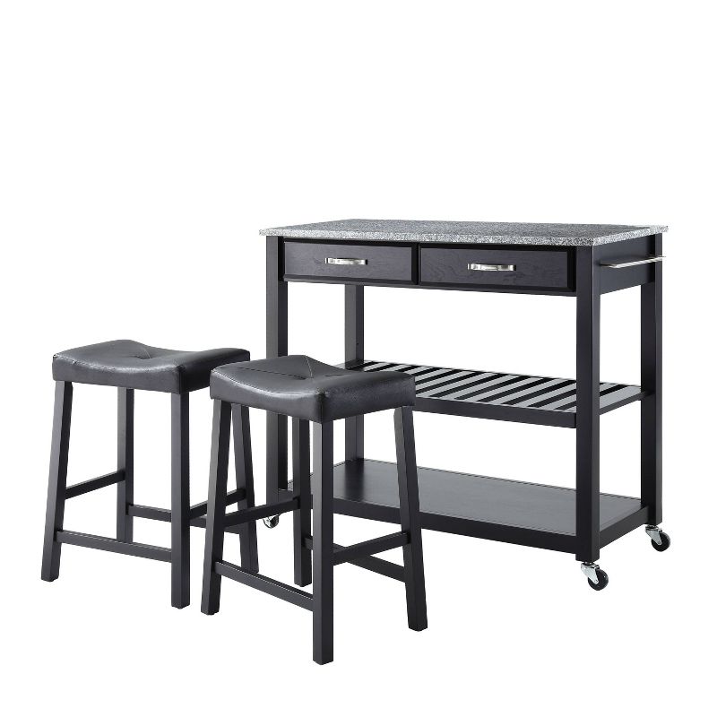 Gray Granite Top Kitchen Prep Cart with 2 Upholstered Saddle Stools - Crosley, 6 of 12