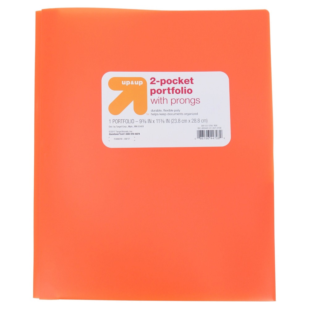 2 Pocket Plastic Folder with Prongs Orange - Up&Up ( Pack for 10)