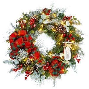 24" Christmas Wreath for Front Door, Prelit Christmas Wreath with Lights, Red Gold Ball Ornaments, Pine Cones &Bow for Fireplace Home Holiday Decor - 1 of 4