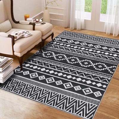 Orieon 108x144 in Washable Area Rugs for Living Room, Non-Slip Boho Geometric Rug, Black & White Indoor Carpet