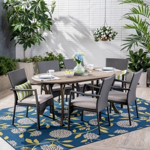 Christopher Knight Home Klondike Outdoor Acacia Wood and Wicker 7 Piece Dining Set with Cushions - 1 of 4