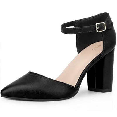 BLISSFUL STEP Women's Ankle Strap Pointy Toe Chunky Heel Pumps