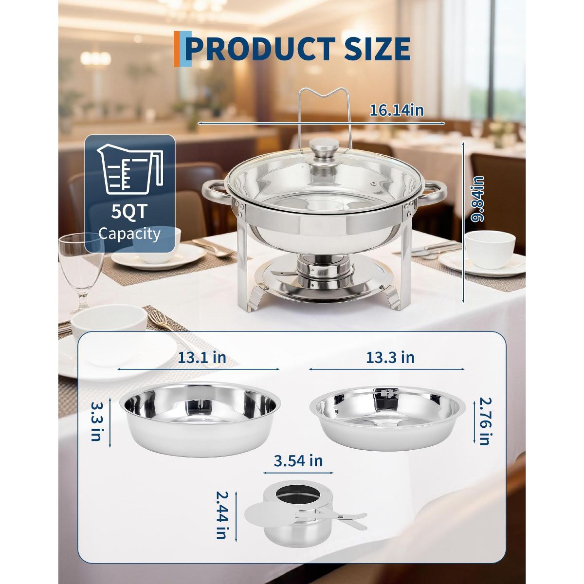 4/6 Pack 5QT Stainless Steel Round Chafing Dish Set, Buffet Food Warmer with Glass Lid, Lid Holder, Drip Tray&Fuel Holder for Party, Wedding, Picnic - thumbnail 3