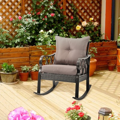 Ergonomic Grey Wicker Rocking Chair with Padded Cushions