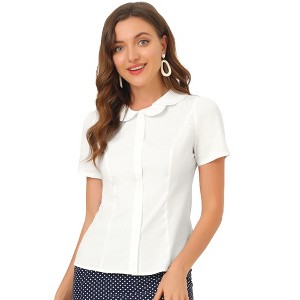 Allegra K Women's Office Short Sleeve Peter Pan Collar Button Down Shirt - 1 of 4