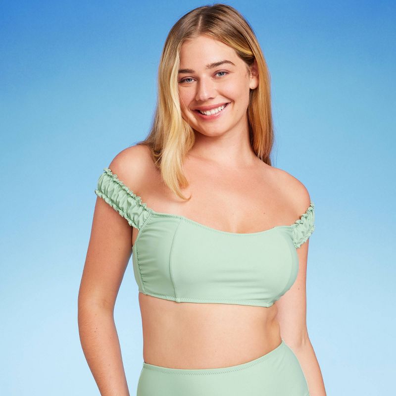 Women's Shirred Off the Shoulder Bralette Lace-Up Bikini Top - Shade & Shore™ Light Green, 4 of 10