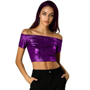 Allegra K Women's Off Shoulder Party Club Slim Fit Shiny Metallic Crop Top - 1 of 4