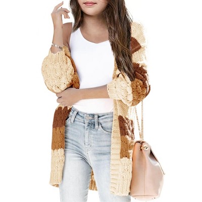 Girls Sweater Cardigan Open Front Longline Sweater Cable Knit Sweater Long Sleeve Color Block Sweater,Ground - L