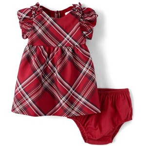 The Children's Place Baby Girls Matching Family Christmas Short Flutter Sleeve Bow Plaid Satin Fit And Flare Dress - 1 of 4