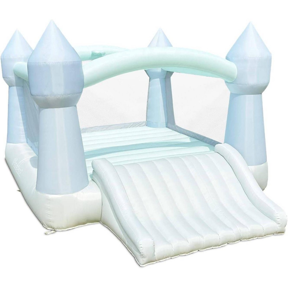 Bounceland Party Castle DayDreamer Cotton Candy Bounce House  16.4 ft L x 13.1 ft W x 9.3 ft H  Basketball Hoop  UL Blower included  Trendy Pastel Color  Fun Slide & Bounce Area  Castle Theme for Kids