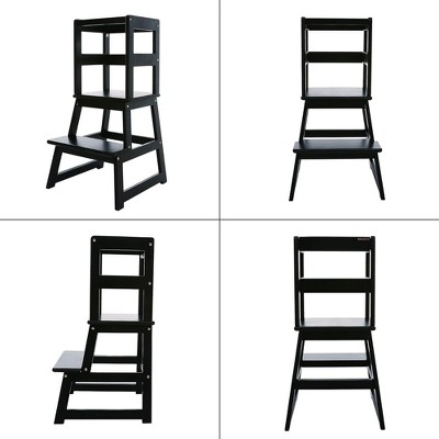 Black Wooden 2-Step Kids Kitchen Step Stool with Safety Rail