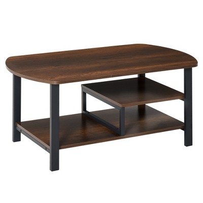 HOMCOM Vintage Industrial Coffee Table with Under-Top Storage Shelves and Rounded Corners, Dark Wood Color