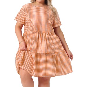 Agnes Orinda Women's Plus Size Gingham Vintage Plaid Round Neck Short Sleeve Tiered A-Line Midi Summer Dress - 1 of 4