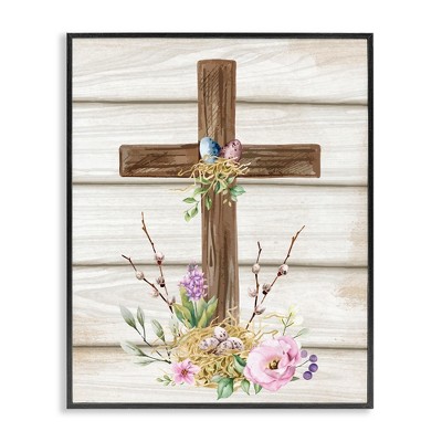 Stupell Industries Spiritual Easter Cross Spring Blossoms Black Framed Giclee Art