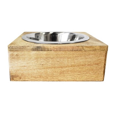 Elegant Stainless Steel Dog Bowl with Square Mango Wood Holder (1 Quart)