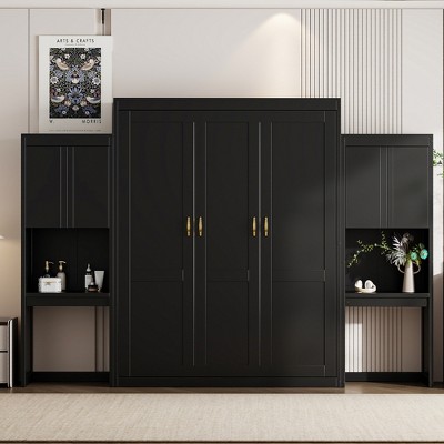 KIGFTSOD Queen Size Murphy Bed with Desk, Vanity and Cabinets, Espresso
