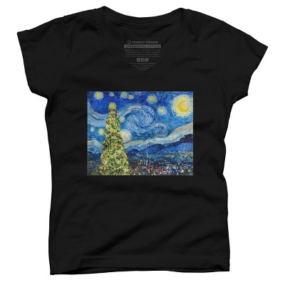 Girl's Design By Humans Van Gogh Starry Night - Christmas Tree By bcstudio T-Shirt
