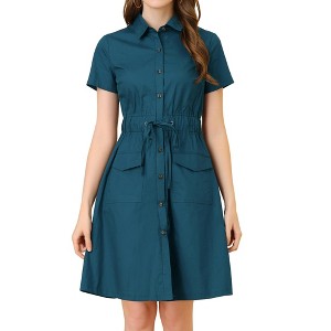 INSPIRE CHIC Women's Point Collar Front Elastic Waist Drawstring Mini Shirt Dress with Pocket - 1 of 4