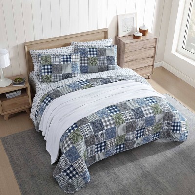 Blue Cotton Twin Reversible Patchwork Quilt Set