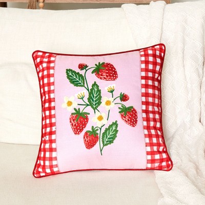 Strawberry Vine Embroidered Square Throw Pillow