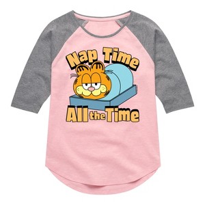 Girls' - Garfield - Nap Time All The Time Shirt Tail Raglan Graphic T-shirt - 1 of 3