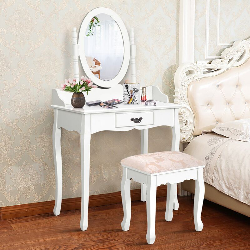 Tangkula Bathroom Vanity Wood Makeup Dressing Table Stool Set Jewelry Desk W/Drawer &Mirror White, 5 of 11