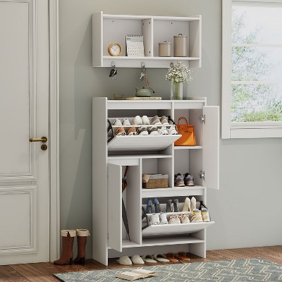 KTMBDW Shoe Cabinet with Wall Cabinet, Narrow Shoe Rack Storage Organizer with 2 Flip Drawers Versatile Side Cabinet for Hallway, Bedroom, White