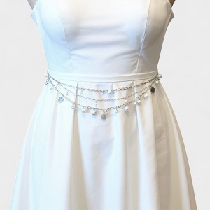 Anna-Kaci Women's Layered Chain Belt with Pearl and Teardrop Charm Details 41.5 in - Silver - 1 of 4