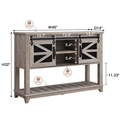 Light Rustic Oak Farmhouse Console Table with Sliding Barn Doors and Storage Shelf